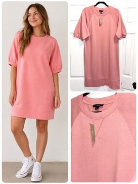 NWT J.Crew Puff Sleeve Sweatshirt Dress Dusty Rose Pink Short Sleeve Medium NEW
